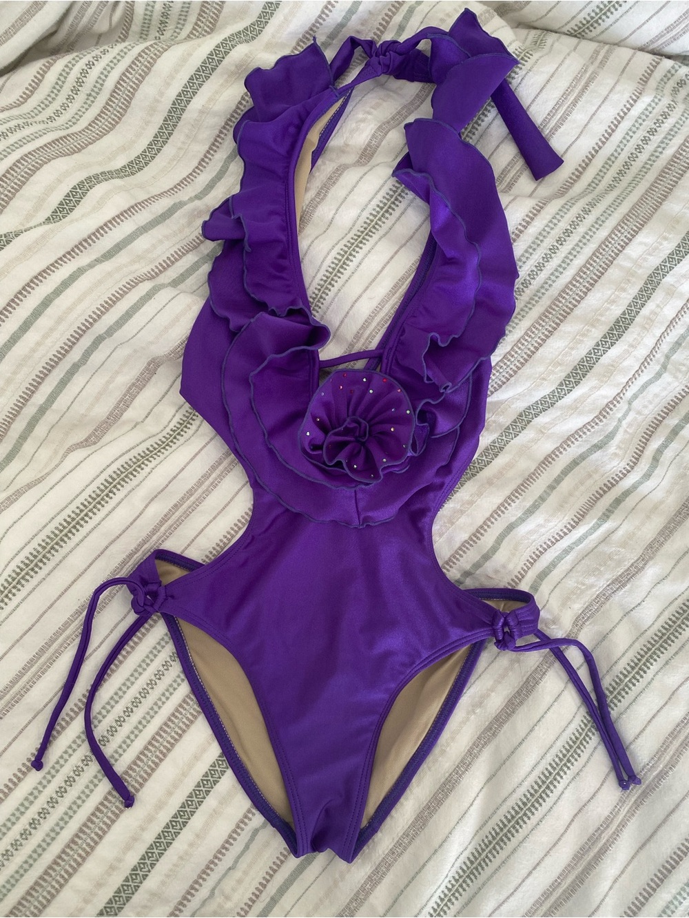Luli Fama Purple Ruffle Flower Crystal Runway Monokini Glam Miami FLAW - Sz S